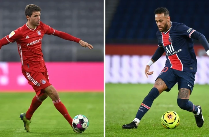Combophoto représentant les milieux védettes du Bayern Munich Thomas Müller et Neymar Jr du PSG, qui s'affrontent le 13 avril 2020 en Ligue des champions à Paris