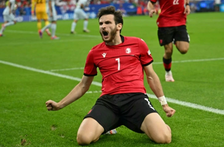 La star de la Géorgie, Khvicha Kvaratskhelia, vient d'ouvrir le score contre le Portugal à l'Euro, le 26 juin 2024 à Gelsenkirchen