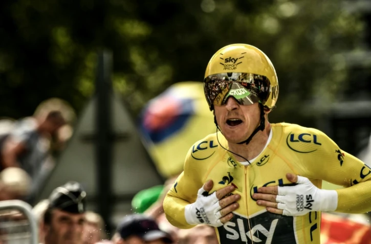 Le maillot jaune gallois de la Sky Geraint Thomas à l'arrivée du contre-la-montre, le 28 juillet 2018 à Espelette