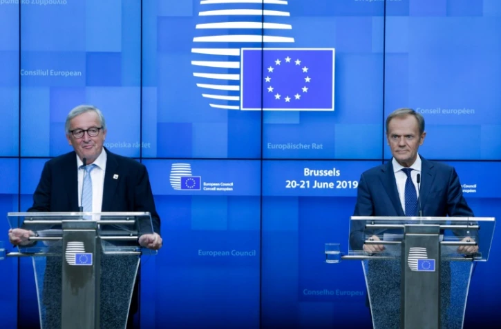 Le président de la Commission européenne Jean-Claude Juncker et le président du Conseil Donald Tusk donnent une conférence de presse à Bruxelles, le 21 juin 2019