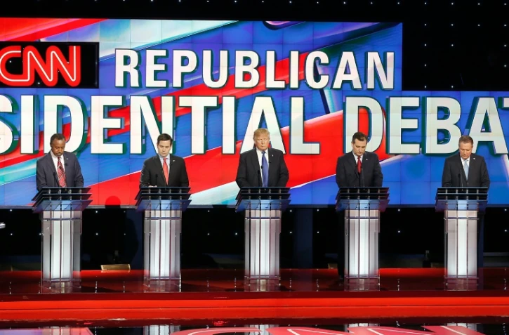 Le candidats à la primaire républicaine, Ben Carson, Marco Rubio, Donald Trump, Ted Cruz et John Kasich le 25 février 2016 lors d'un débat à Houston