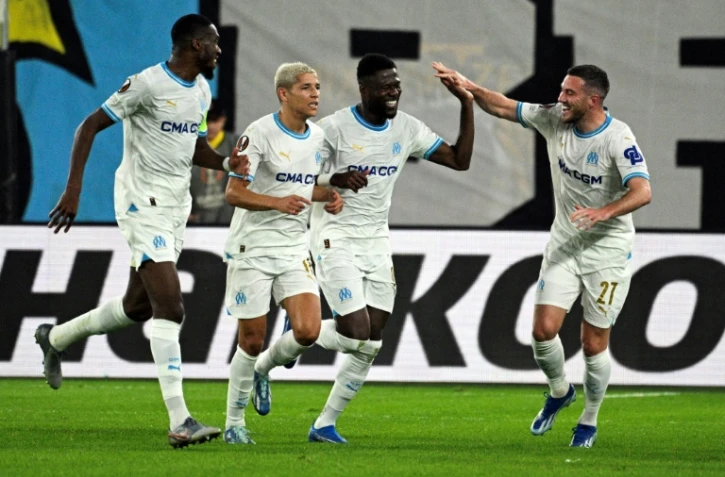 La joie de Chancel Mbemba, auteur de l'ouverture du score pour l'OM face à l'AEK, le 9 novembre 2023 à Athènes