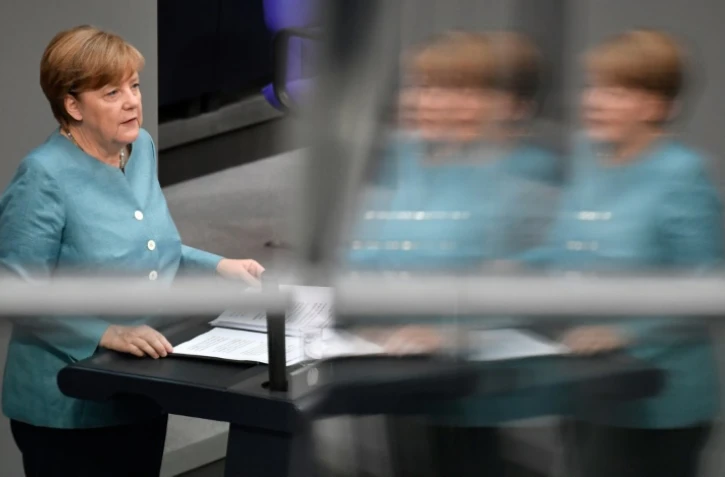 La chancelière allemande Angela Merkel le 29 juin 2017 à Berlin,lors d'un discours au Bundestag