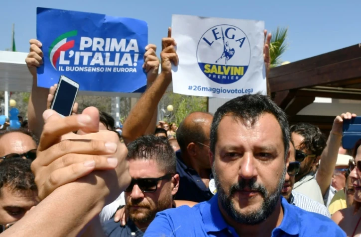 Le ministre italien de l'Intérieur Matteo Salvino en tournée électorale à Policoro (sud), le 10 août 2019