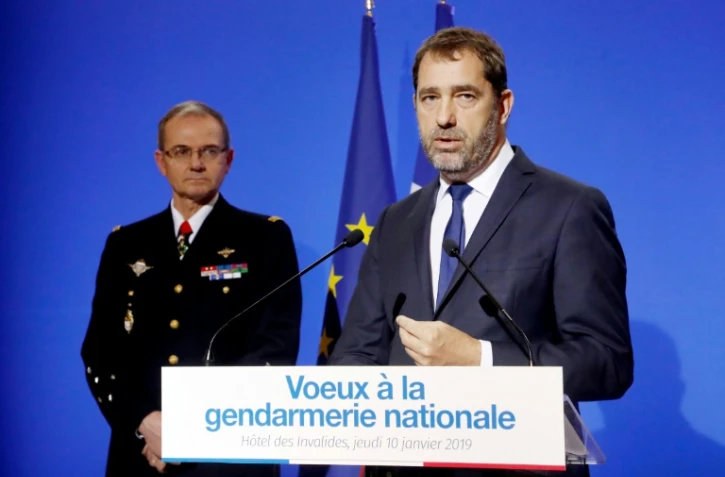 Christophe Castaner en compagnie du directeur général de la gendarmerie Richard Lizurey lors des voeux à la gendarmerie, à Paris le 10 janvier 2019