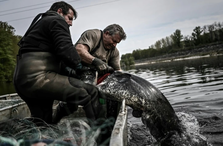 Des pĂȘcheurs français sortent un silure des eaux de la Dordogne prĂšs de Mauzac-et-Grand-Castang, le 20 avril 2021