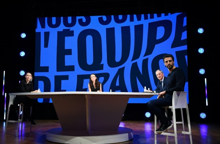 La présidente du Compité paralympique français Marie-Amélie Le Fur (g), son homologue du Comité olympique Denis Masseglia, Tony Estanguet (d) lors d'une réunion en visio à Aubervilliers, le 14 avril, 2021, à 100 jours des Jeux paralympiques