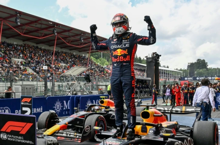 Le Néerlandais Max Verstappen exulte après sa victoire lors du GP de Belgique, à Spa-Francorchamps, le 30 juillet 2023