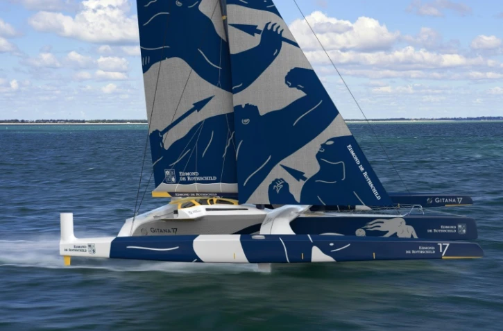 Une image crée par l'ordinateur du futur maxi trimaran 'Maxi Edmond de Rothschild' de Sébastien Josse et présentée le 30 mars 2017 à Paris