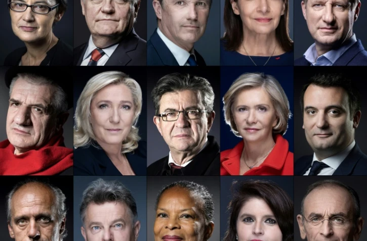 Les candidats déclarés, de g à d: Nathalie Arthaud (LO), François Asselineau (UPR), Nicolas Dupont-Aignan (DLF), Anne Hidalgo (PS), Yannick Jadot (EELV), Jean Lassalle, Marine Le Pen (RN), Jean-Luc Mélenchon (LFI), Valérie Pécresse (LR), Florian Philippot (Les Patriotes), Philippe Poutou (NPA), Fabien Roussel (PCF), Christiane Taubira, Hélène Thouy (Parti animaliste), Eric Zemmour (Reconquête!)