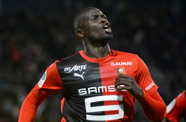 Mbaye Niang, l'attaquant sénégalais du Stade Rennais, après avoir marqué contre Nîmes le 23 février 2020, au Roazhon Park, à Rennes.