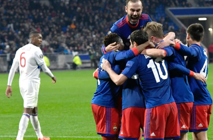 La joie des joueurs du CSKA Moscou après un but contre l'Olympique lyonnais, battu sur sa pelouse, le 15 mars 2018