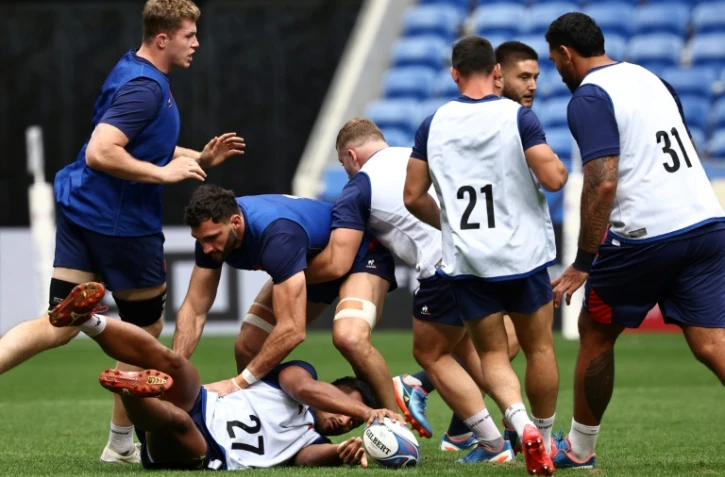 Les joueurs du XV de France à l'entraînement à Décines, près de Lyon, le 4 octobre 2023, à quelques jours du match contre l'Italie