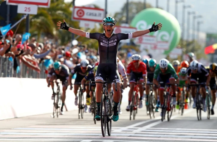 L'Autrichien Lukas Pöstlberger (Bora), vainqueur de la 1ère étape du Giro, le 5 mai 2017 à Olbia en Sardaigne