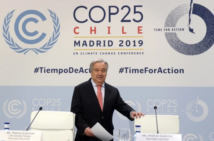 Antonio Guterres, le secrétaire général de l'ONU, en conférence de presse à la veille de l'ouverture de la COP25 à Madrid, le 1er décembre 2019