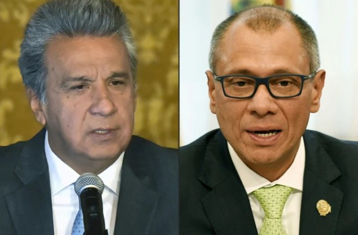 Le président équatorien Lenin Moreno (g) à Quito le 29 mai 2017 et le vice-président equatorien Jorge Glas à Bruxelles, le 11 novembre 2016
