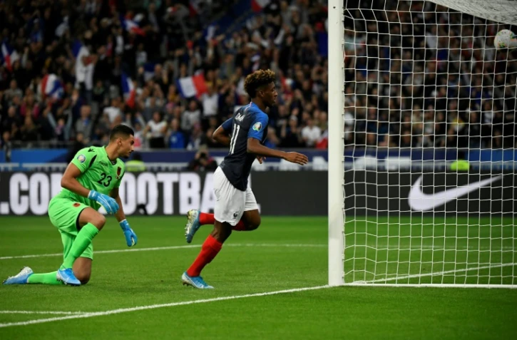 L'attaquant Kingsley Coman (d) auteur d'un doublé lors du match de qualification à l'Euro 2020 face à l'Albanie, au Stade de France, le 7 septembre 2019