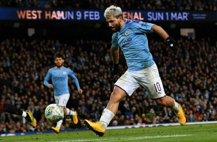 Le buteur argentin de Manchester City Sergio Agüero contre Manchester United en demi-finale retour de Coupe de la Ligue anglaise, le 29 janvier 2020 à l'Etihad Stadium de Manchester