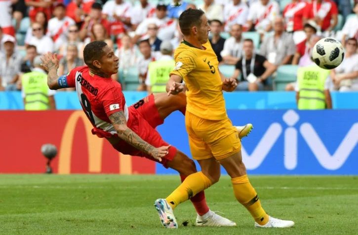 L'attaquant péruvien Paolo Guerrero buteur lors de la victoire 2-0 face à l'Australie à Sotchi lors du Mondial le 26 juin 2018