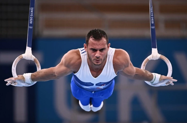 Le Français Samir Ait Said lors de l'épreuve des anneaux en gymnastique artistique lors des Jeux olympiques de Tokyo à l'Ariake Gymnastics Centre le 24 juillet 2021 