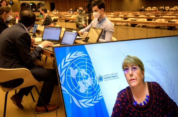 La Haute-Commissaire de l'ONU aux droits de l'homme, Michelle Bachelet, prononce son discours Ă distance lors de l’ouverture d'une rĂ©union extraordinaire du Conseil des droits de l'homme de l'ONU, le 27 mai 2021