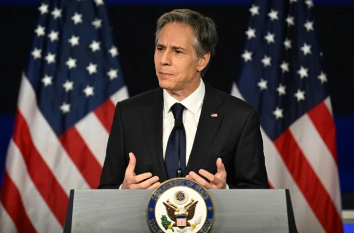 Le secrétaire d'Etat américain Antony Blinken lors d'un discours sur la politique des Etats-Unis envers la Chine, à l'université George Washington, le 26 mai 2022 à Washington 