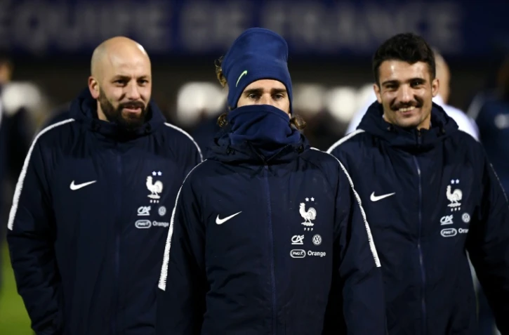 Antoine Griezmann et Léo Dubois après un entraînement à Clairefontaine (Yvelines) le 11 novembre 2019