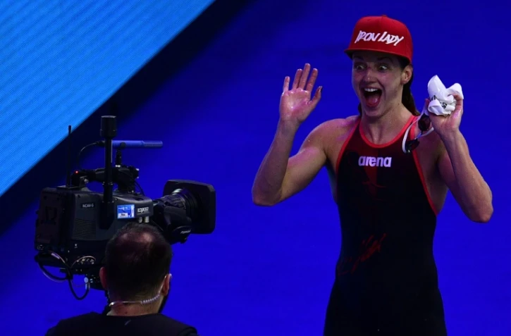 La star de la natation hongroise Katinka Hosszu fête son titre sur 200 m 4 nages aux Mondiaux, le 24 juillet 2017 à Budapest