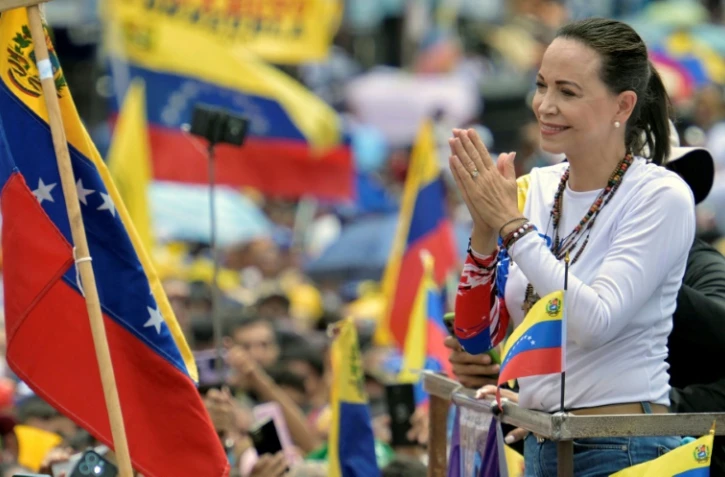 La cheffe de l'opposition vénézuélienne Maria Corina Machado lors d'un rassemblement de campagne du candidat à la présidence Edmundo Gonzalez Urrutia, à Barinas, au Venezuela, le 6 juillet 2024