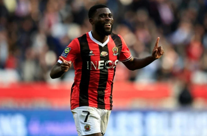 Jérémie Boga fête son but pour Nice face à Reims, après une erreur du gardin remois, le 10 décembre 2023 à l'Allianz Riviera