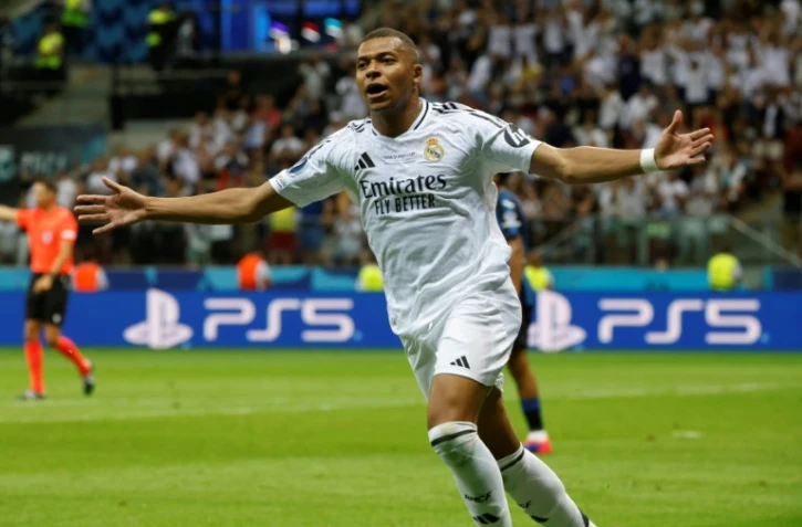 L'attaquant français Kylian Mbappe après avoir marqué son premier but pour le Real Madrid, à Varsovie en Supercoupe d'Europe contre l'Atalanta le 14 août 2024