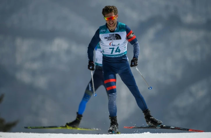 Le Français Benjamin Daviet lors de l'épreuve de biathlon 12,5 km debout, aux Jeux Paralympiques d'Hiver de Pyeongchang, le 13 mars 2018