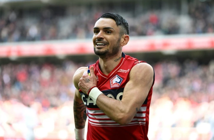 La joie de Rémy Cabella, auteur du deuxième but de Lille face à Montpellier, le 16 avril 2023 au stade Pierre-Mauroy