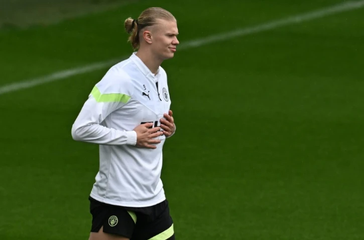 L'attaquant norvégien de Manchester City, Erling Haaland, lors d'une séance d'entraînement à Manchester, le 8 mai 2023, à la veille de la demi-finale aller de la Ligue des champions 2023 contre le Real Madrid