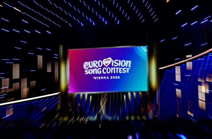Logo du concours de l'Eurovision lors de la demi-finale de l'édition 2026 à Vienne, le 12 mai 2026.