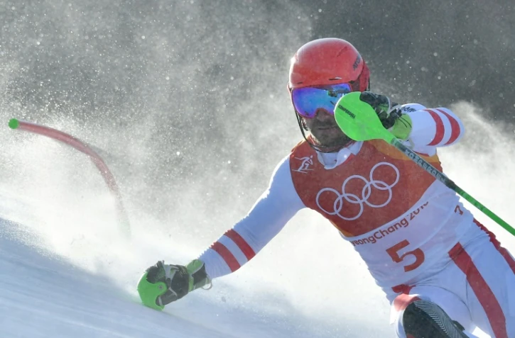 L'Autrichien Marcel Hirscher sort de la piste lors du slalom, à Jeongseon, le 22 février 2018