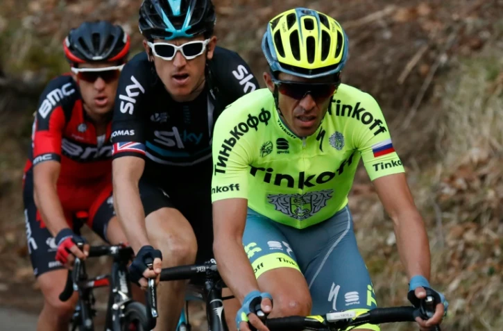 Le Britannique Geraint Thomas (c) de l'équipe Sky lors de la 6e étape de Paris-Nice, le 12 mars 2016 à Utelle dans les Alpes-Maritimes