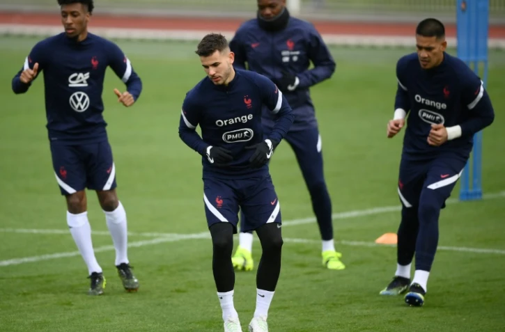 Les joueurs de l'équipe de France lors d'une séance d'entraînement au centre national du football de Clairefontaine, le 22 mars 2021