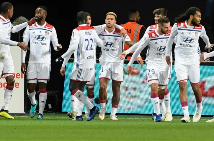 L'attaquant de Lyon Memphis Depay (c) auteur d'un doublé lors de la victoire 4-2 à Guingamp en 13e journée de L1
