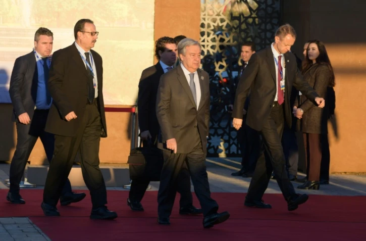 Le secrétaire général de l'ONU, Antonio Guterres, à son arrivée à la conférence des Nations unies consacrée au pacte sur les migrations, le 10 décembre 2018 à Marrakech (Maroc)