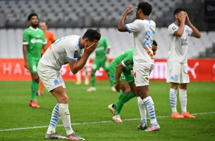 Les joueurs marseillais abattus lors de leur défaite à domicile devant Saint-Etienne, le 17 septembre 2020 au stade Vélodrome