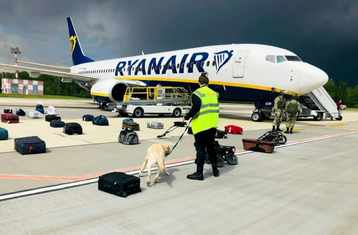 Un chien renifleur inspecte les bagages d'un avion de passagers de la compagnie Ryanair garé sur le tarmac de l'aéroport de Minsk après son interception, le 23 mai 2021