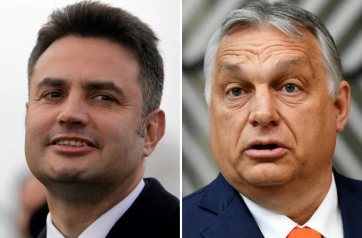 Peter Marki-Zay, (G), à Budapest le 15 mars 2022, et le Premier ministre hongrois actuel Viktor Orban (D) à Bruxelles le 24 juin 2021