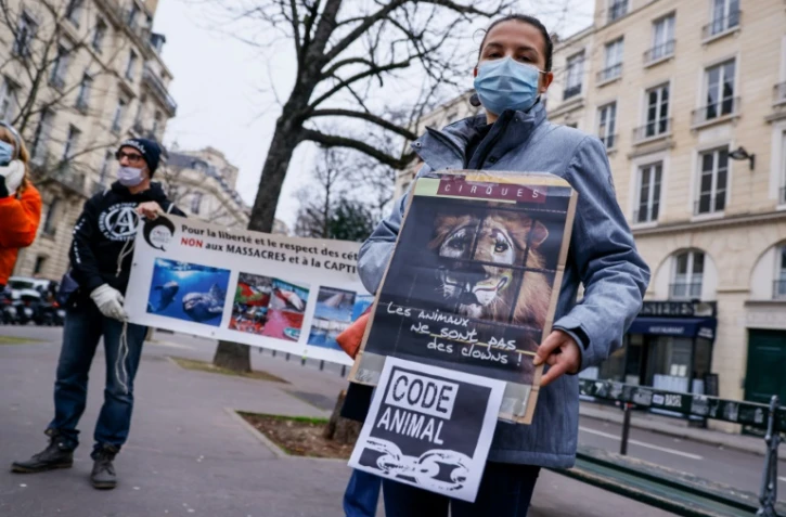 Des membres du Parti animaliste et d'associations comme One voice et L214 manifestent le 26 janvier 2021 près de l'Assemblée nationale à Paris