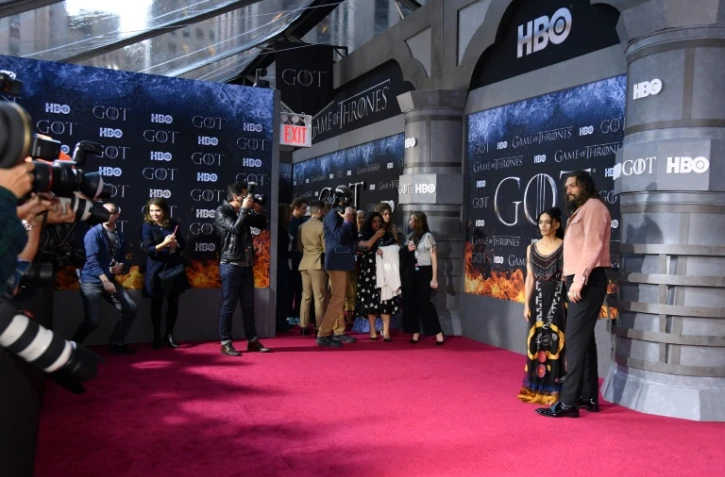 L'acteur de la série "Games of Thrones" Jason Momoa et sa femme l'actrice Lisa Bonet sur le tapis rouge pour la dernière saison, le 3 avril 2019 à New York