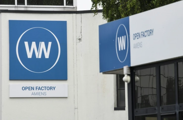 Photo du 29 mai 2019 du logo de WN (ex-Whirlpool)devant l'usine de la société à Amiens