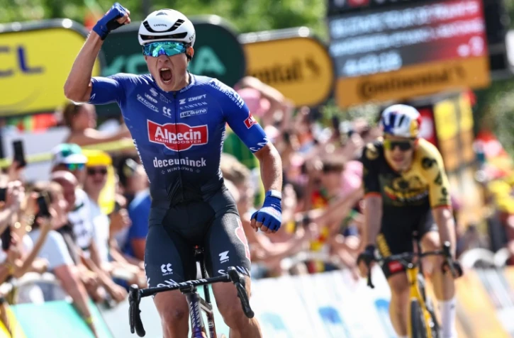 Le Belge Jasper Philipsen lors de sa victoire lors de la 3e étape du Tour de France, à Bayonne, le 3 juillet 2023