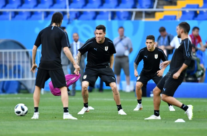 Le défenseur uruguayen Jose Maria Gimenez (c) lors d'une session d'entraînement au stade de Rostov, le 19 juin 2018  
