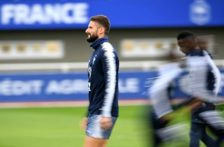 L'attaquant des Bleus Olivier GIroud lors d'une séance d'entraînement, le 8 octobre 2019 à Clairefontaine