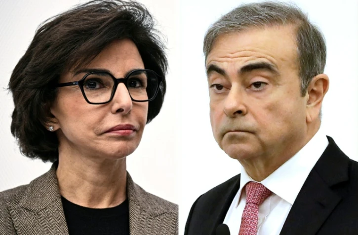 La ministre française de la Culture Rachida Dati (g) à Paris, le 18 mars 2025 et l'ancien patron franco-libano-brésilien de Renault-Nissan Carlos Ghosn à Beyrouth le 8 janvier 2020